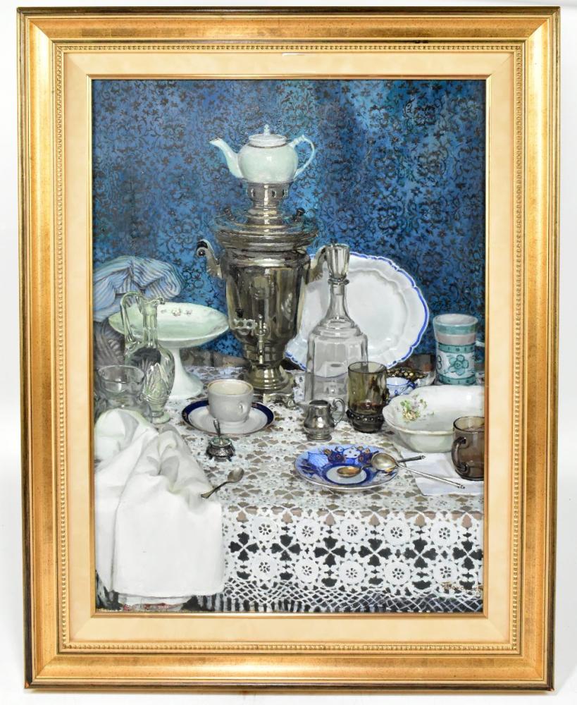 Still Life of a Samovar on laid table